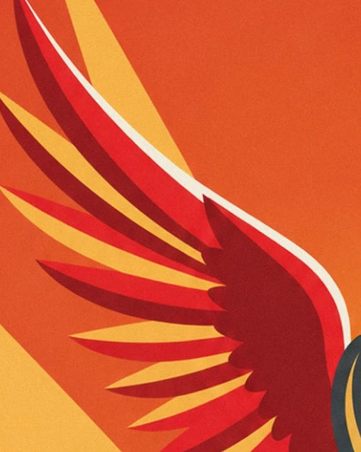 A wing with long red and burgundy feathers outlined in white against an orange background