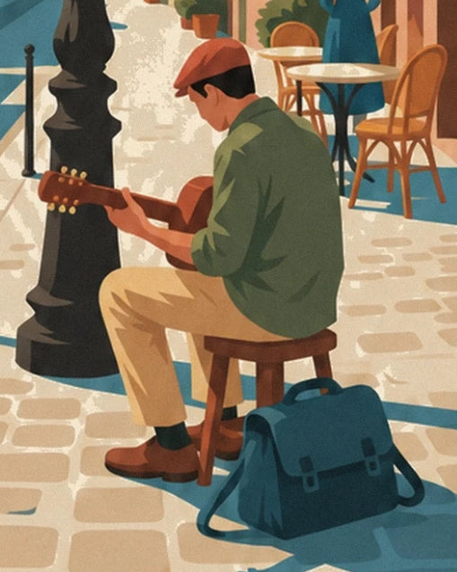 The guitarist in a green jacket on his stool, with his blue bag at his feet