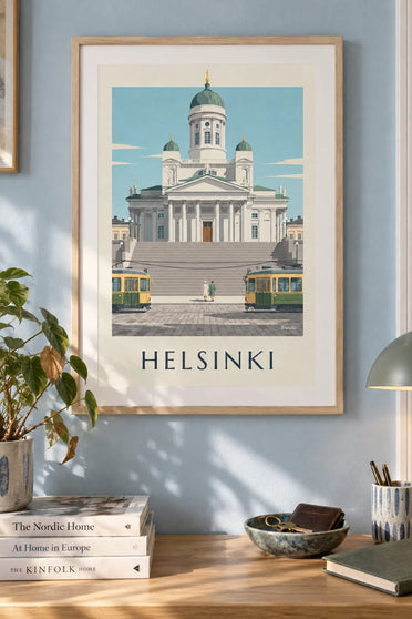 Affiche tramway et cathédrale luthérienne d'Helsinki : encadrée au mur