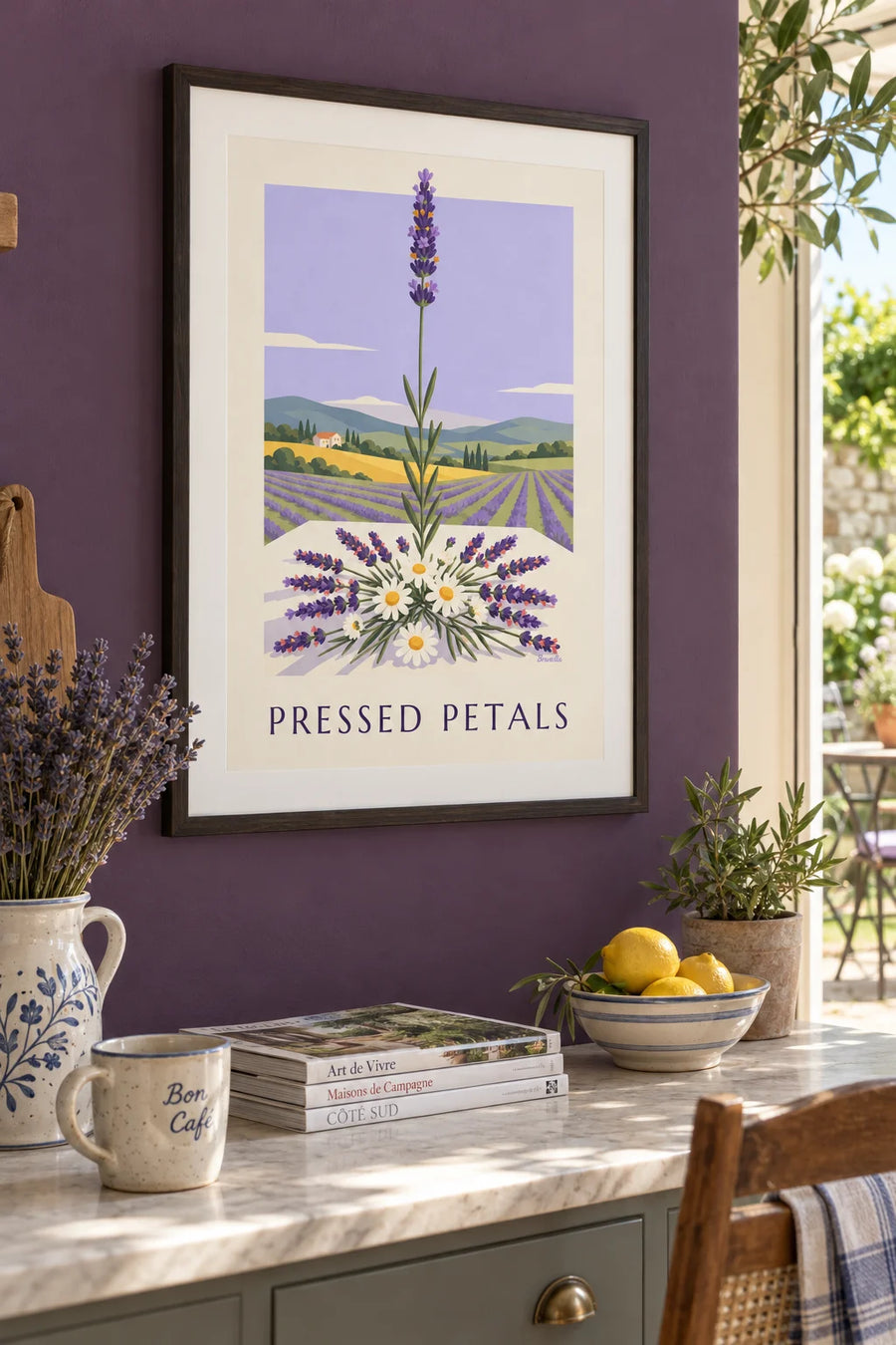 Poster of a lavender and dried daisy herbarium: framed on the wall