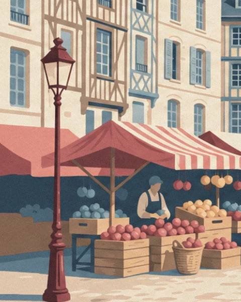 The stallholder behind her crates of red apples, beneath the striped awning and near the street lamp
