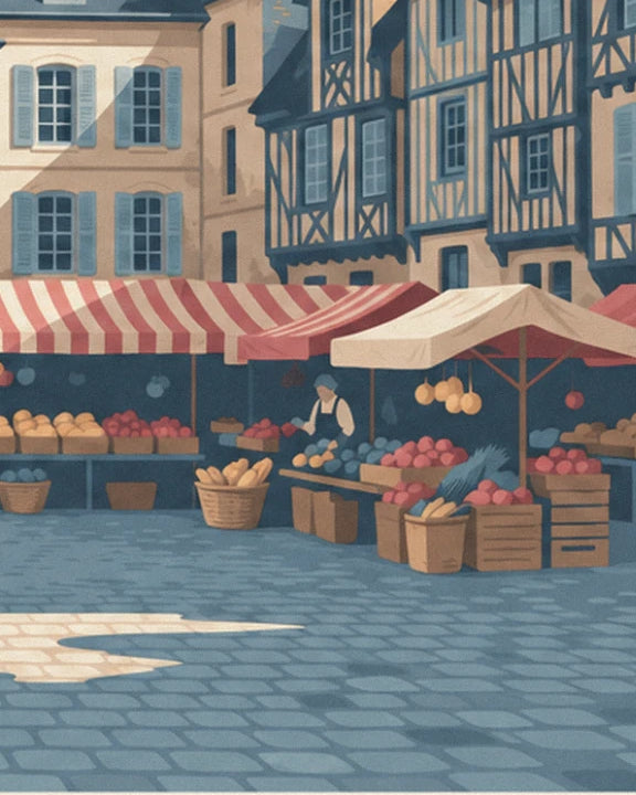A market stall beneath a red and white striped awning, with baskets of bread and crates of apples on the cobbles