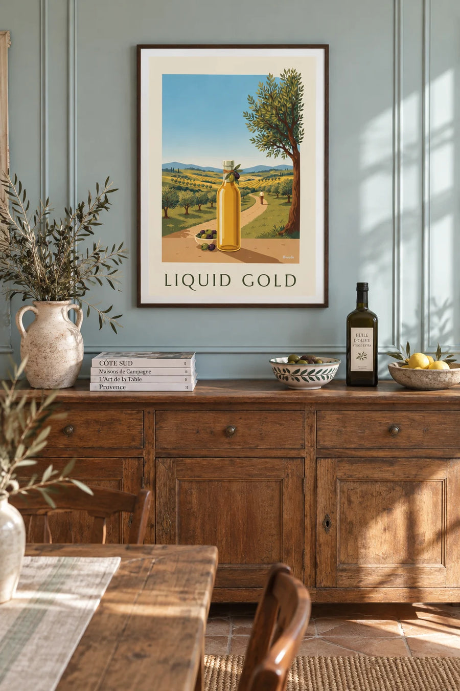 Affiche huile d'olive extra vierge et olives : encadrée au mur