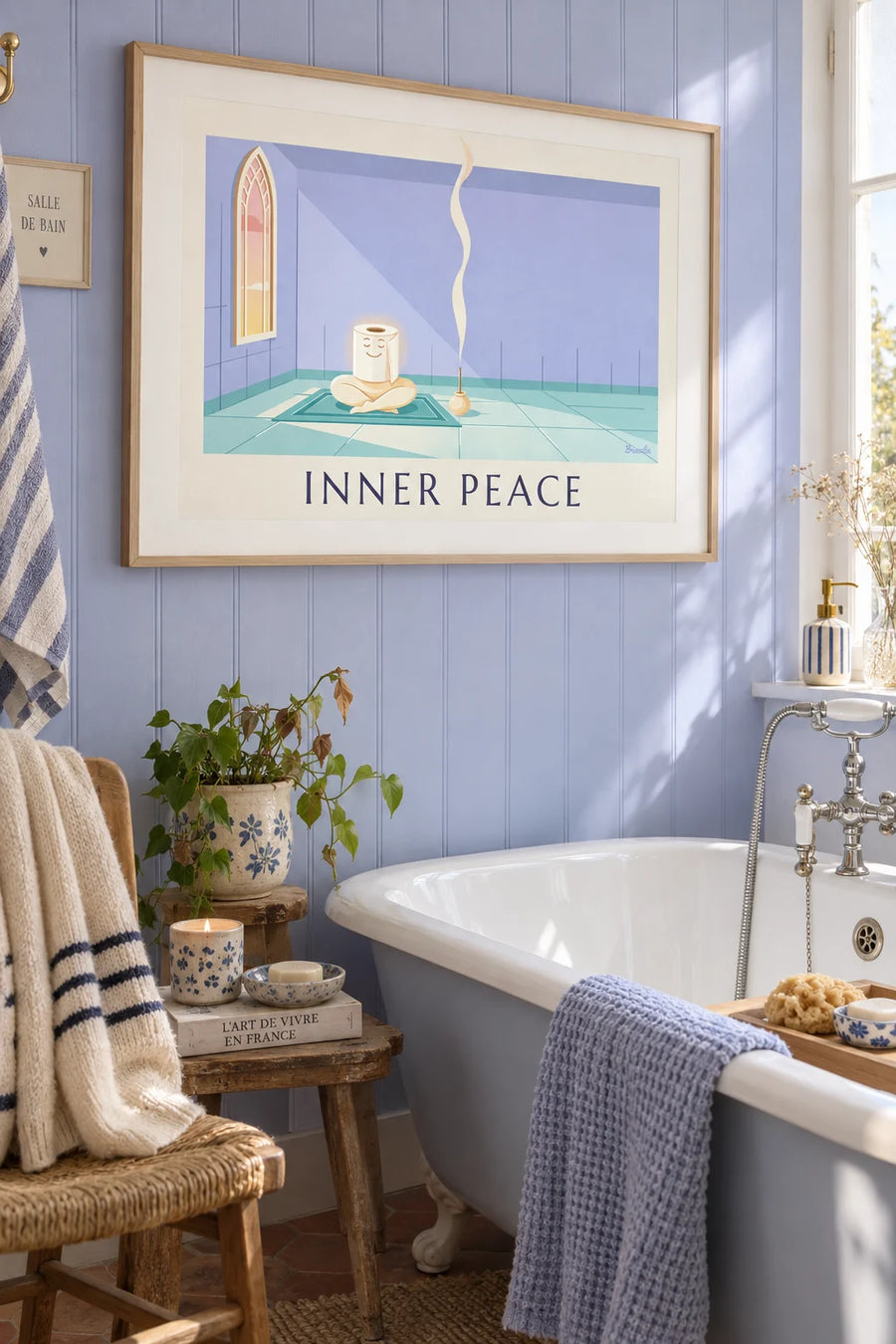 Poster of a toilet paper roll meditating in zen: framed on the wall