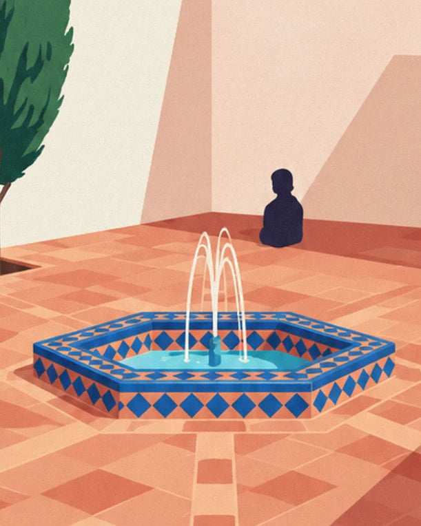 The hexagonal blue-tiled fountain with its 3 water jets, on terracotta paving