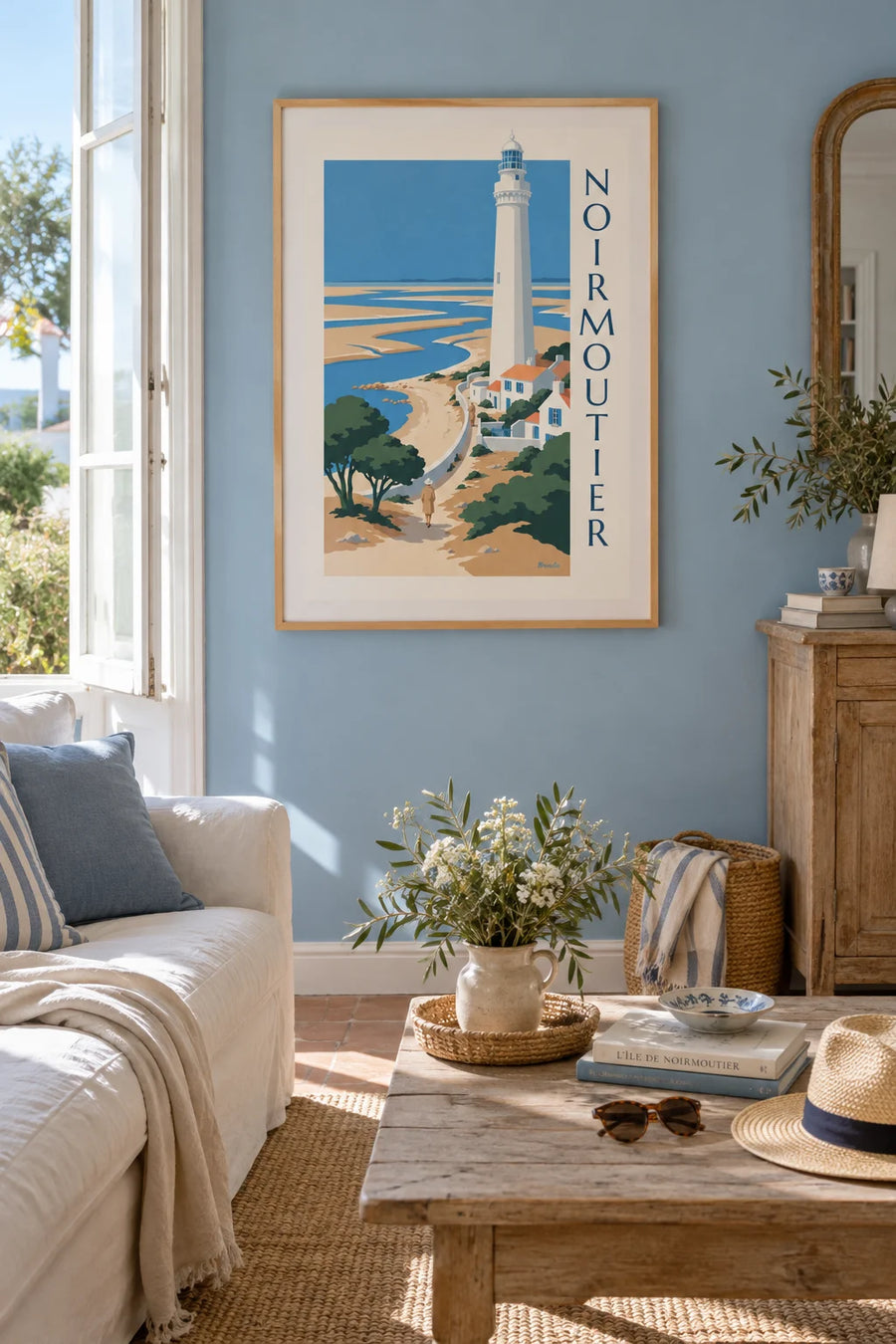 Poster of a lighthouse and white houses in Noirmoutier: framed on the wall