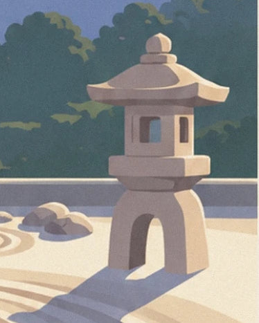 A pale stone Japanese lantern and its shadow on the raked sand