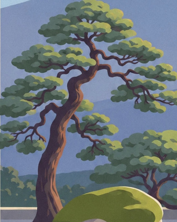 A pine tree with a winding trunk and tiered branches of green foliage