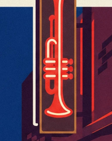 An illuminated red and cream trumpet-shaped sign on the dark façade