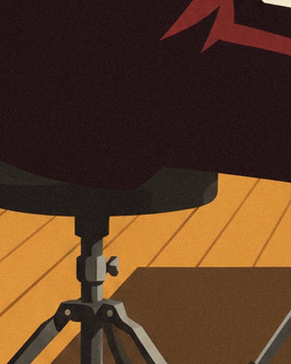 Le pied métallique à 3 branches sous la cymbale sombre, sur le parquet doré