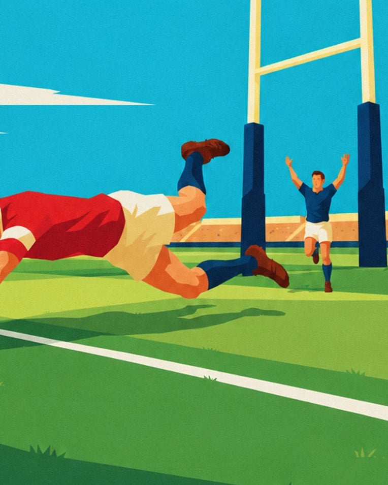 Rugby player scoring a diving try poster: close-up detail