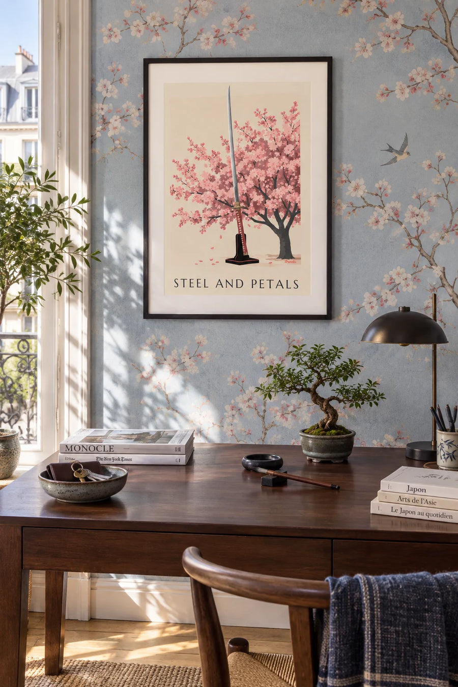 Poster of a katana sword and Japanese cherry blossoms: framed on the wall