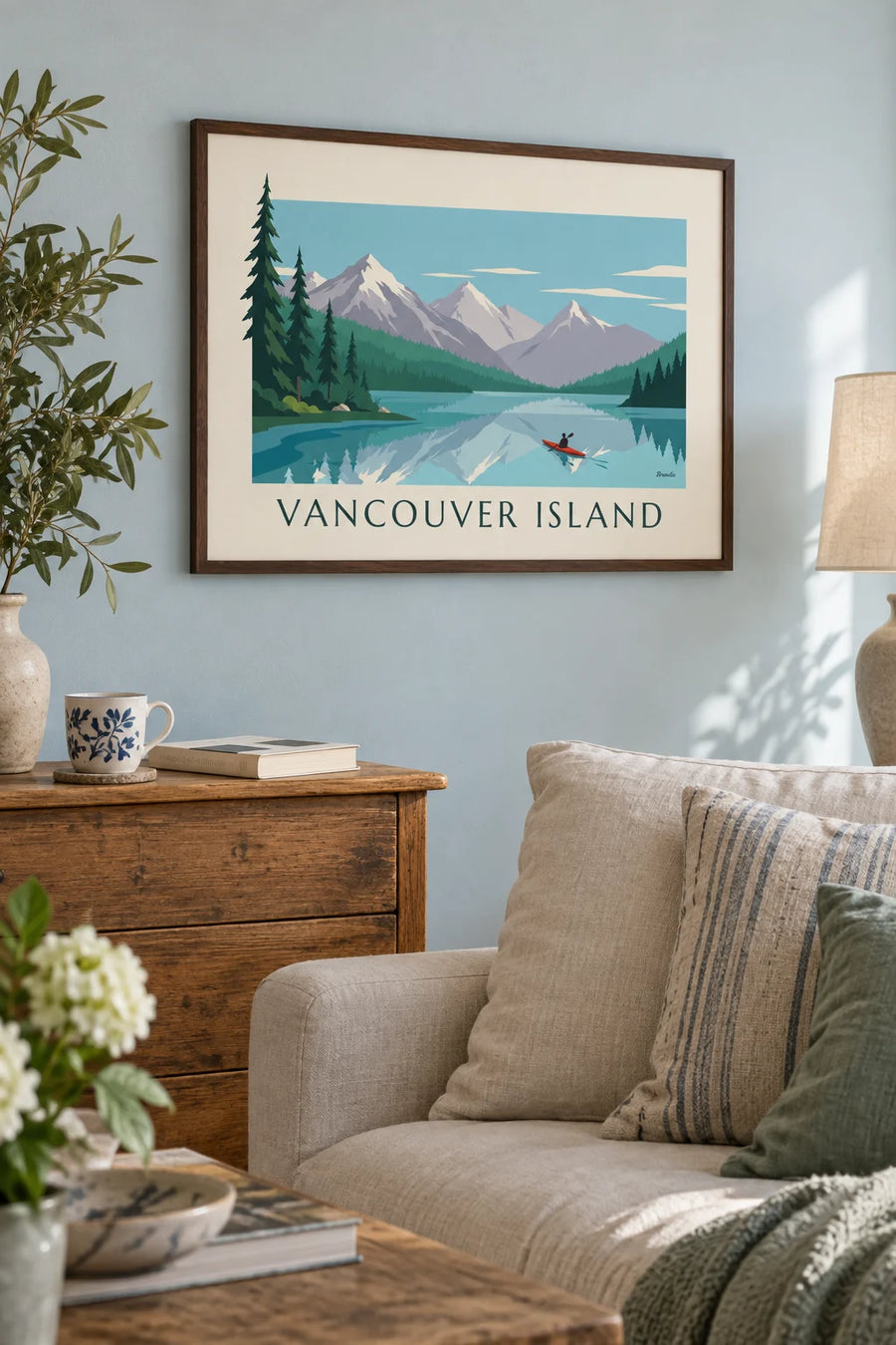 Affiche kayak sur un lac de l’île de Vancouver : encadrée au mur