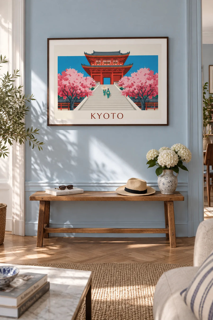 Affiche porte vermillon du Kiyomizu-dera et cerisiers à Kyoto : encadrée au mur
