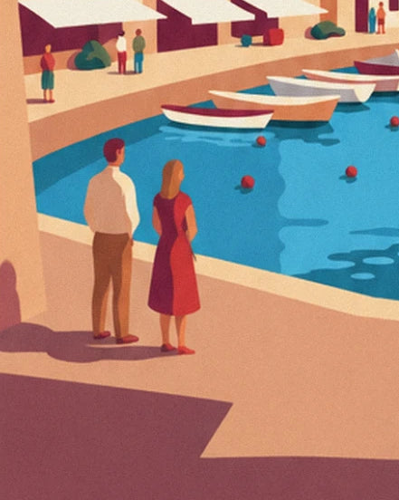A couple on the quay, he in a light shirt and she in a red dress, facing the boats