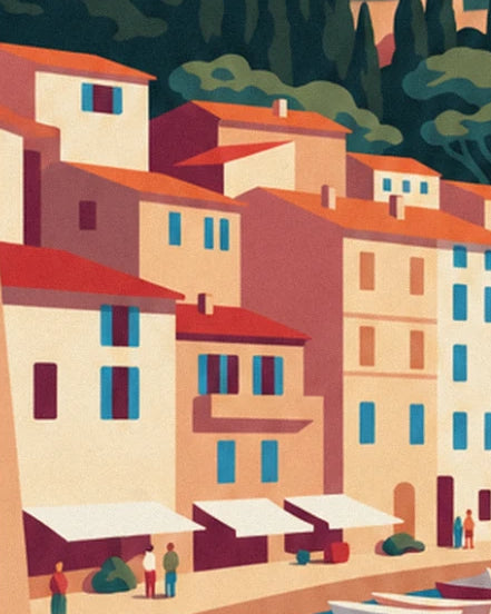 Ochre and red façades with blue shutters, white awnings and passers-by on the quay