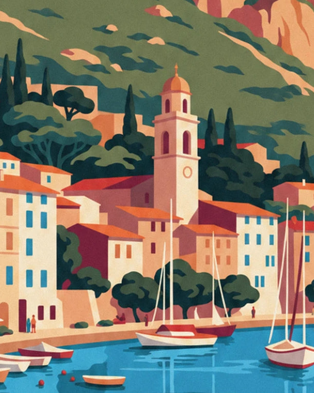 The pink bell tower above the colourful façades, with pines and sailing boats by the water