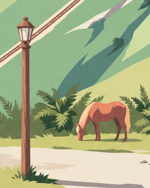 Le cheval alezan qui broute près d'un lampadaire en bois, sous le câble du train