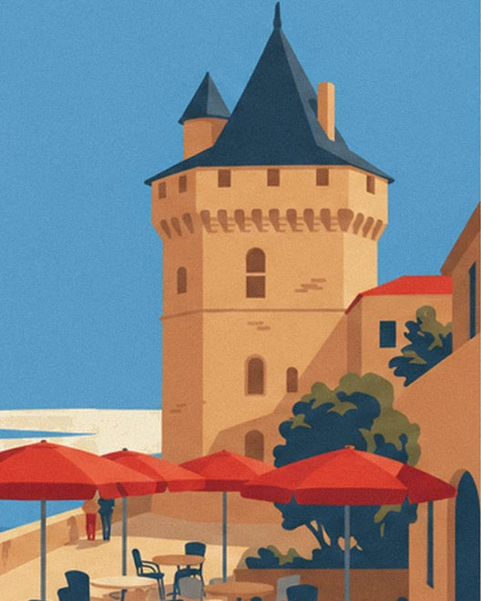 The tour de la Chaîne above the red parasols and terrace tables