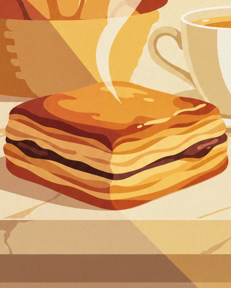 A golden pain au chocolat with flaky layers beside a steaming cup