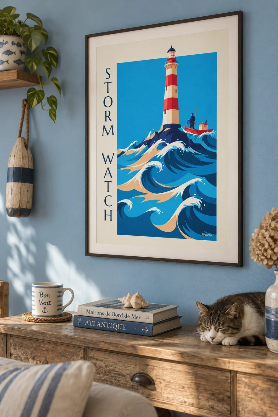 Affiche phare des marins dans les vagues de tempête : encadrée au mur