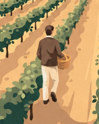 Un homme de dos en veste brune, un panier à la main entre les rangs de vigne
