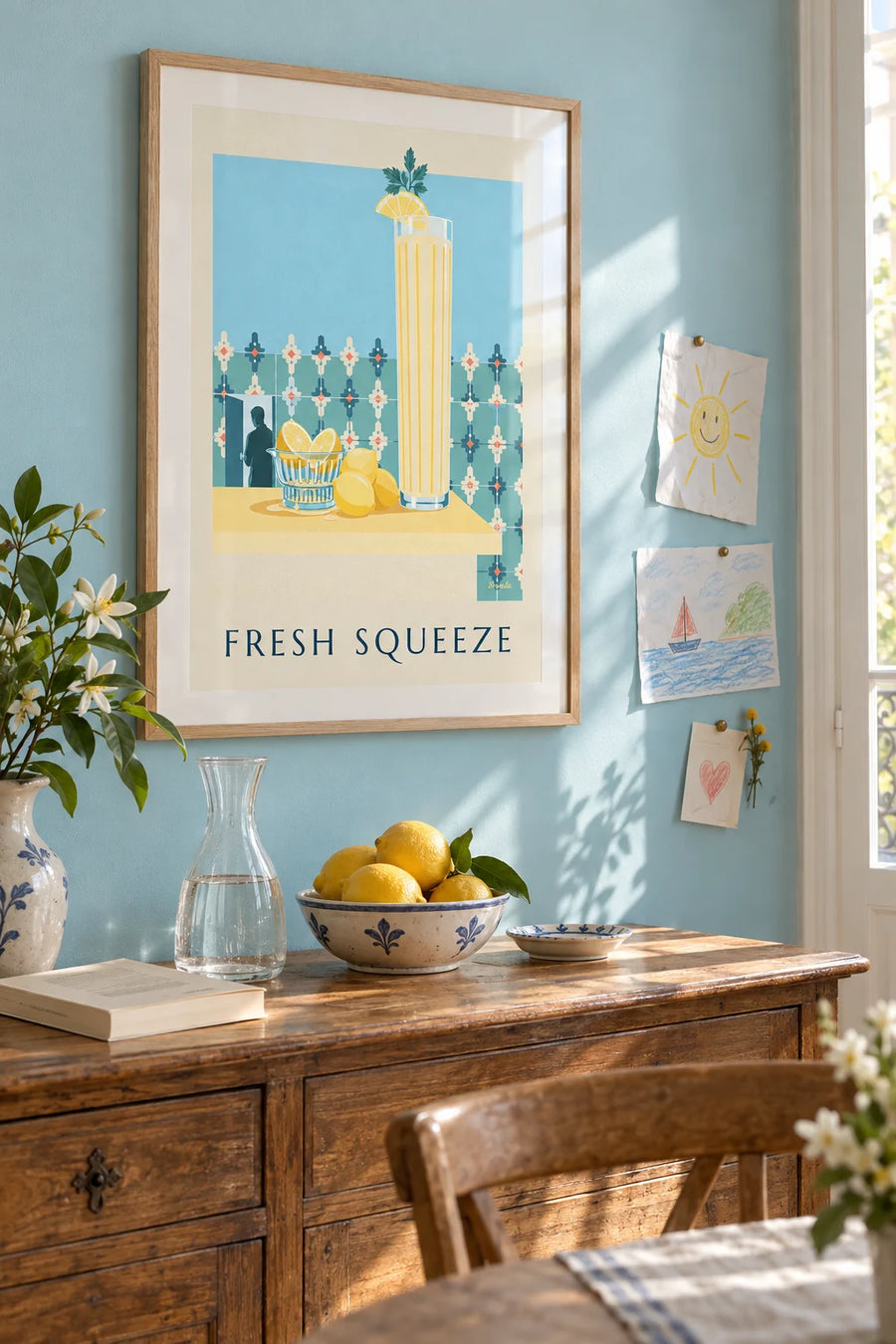 Glass citrus juicer and squeezed lemons poster: framed on the wall