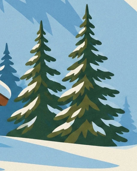 Tall green fir trees with snow-laden branches against a blue mountain backdrop