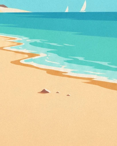 Turquoise waves on golden sand and white sailing boats on the horizon