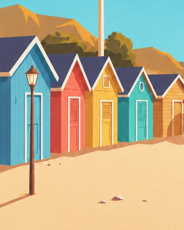 Blue, red, yellow and turquoise beach huts behind a lamppost