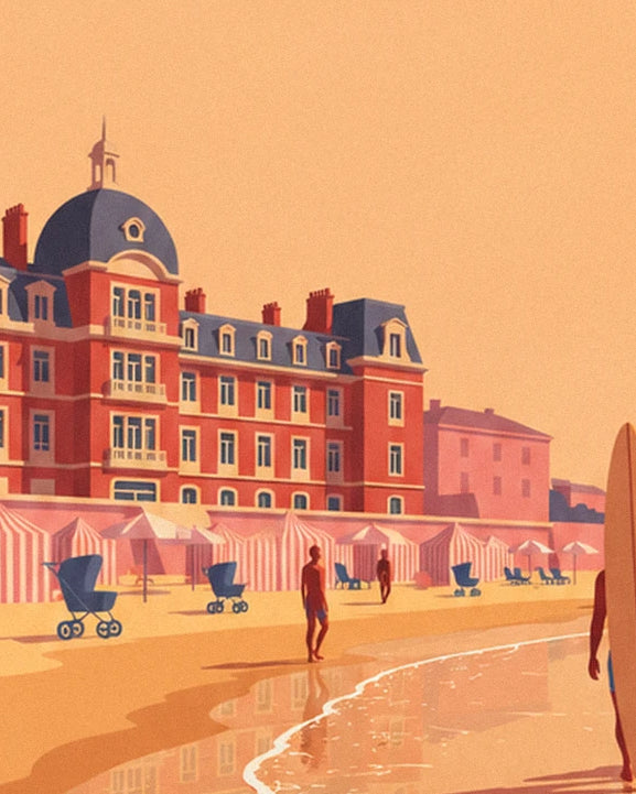 L'Hôtel du Palais en briques rouges et son dôme bleu, cabines rayées roses et poussettes sur le sable