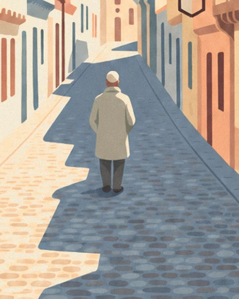Un promeneur en manteau clair dans la ruelle pavée, mi-ombre bleue mi-soleil