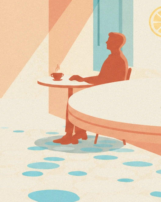 An orange silhouette of a man seated at a table with his steaming cup, on a blue tiled floor