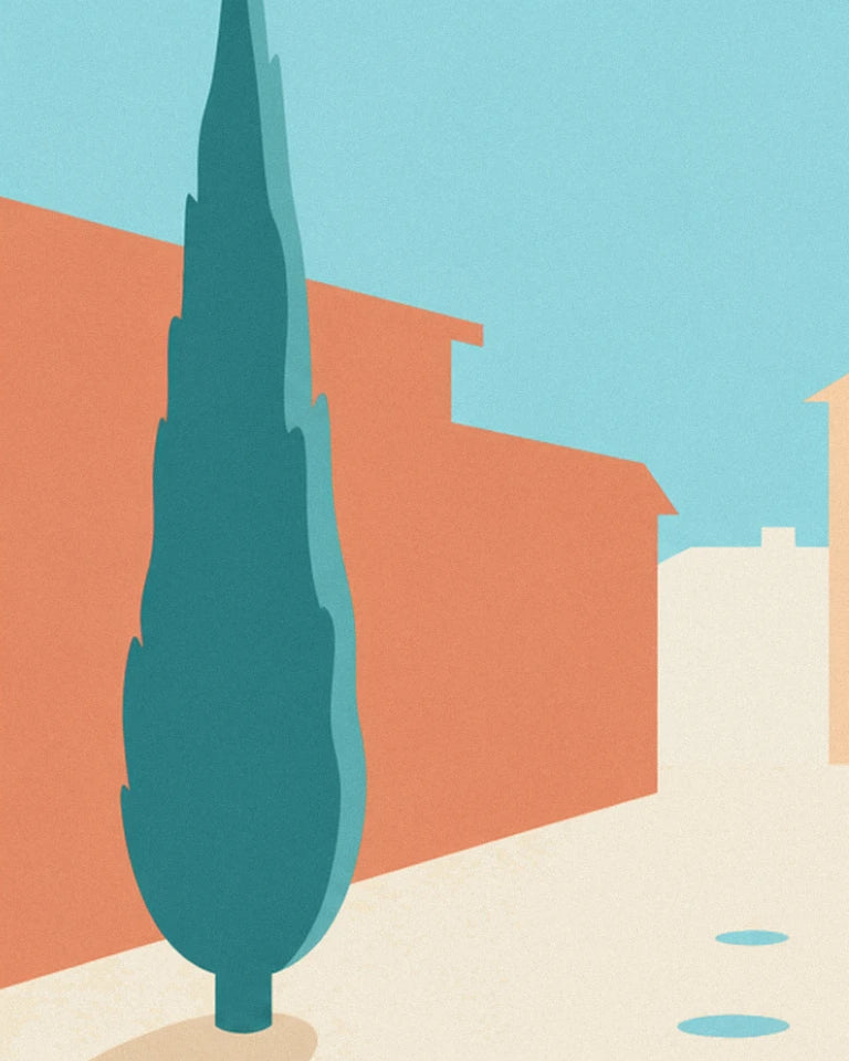 A dark green cypress in front of the orange façade, beneath a pale blue sky