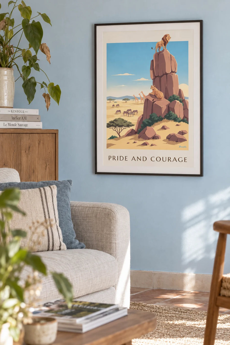 Poster of a lion and lioness on a kopje in the savanna: framed on the wall