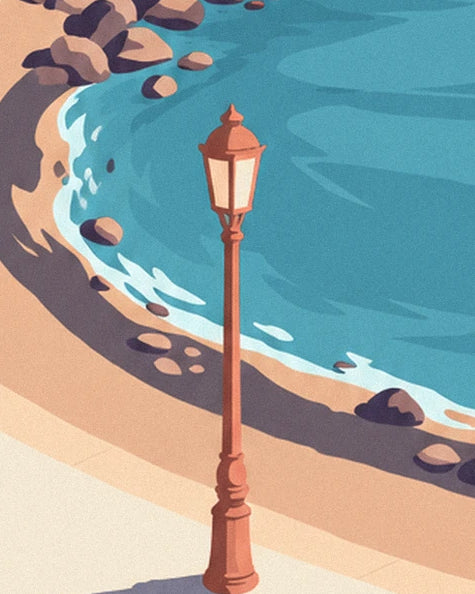 Le lampadaire en fer rouille au bord de l'eau, sur la promenade