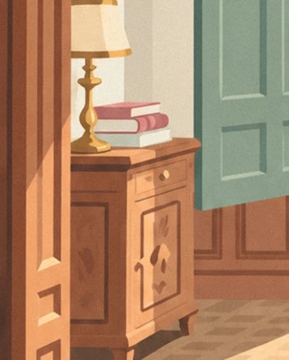The wooden bedside table, its golden lamp and books beside the green shutter