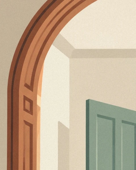 The moulded wooden arch and green shutter in the bedroom light