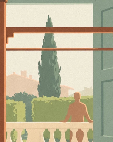 The figure on the balcony in front of the hedges and tall cypress tree