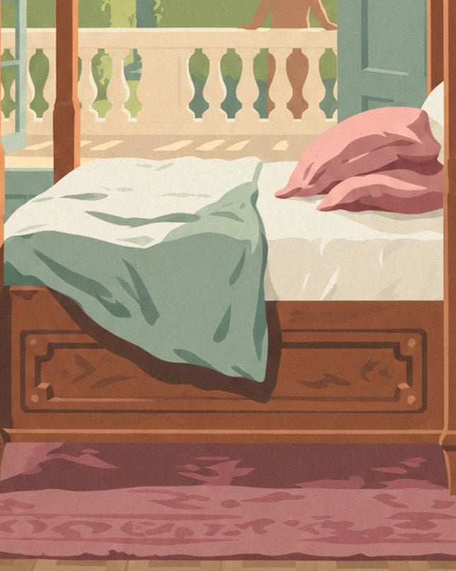 The carved wooden bed, its soft green blanket and pink pillows