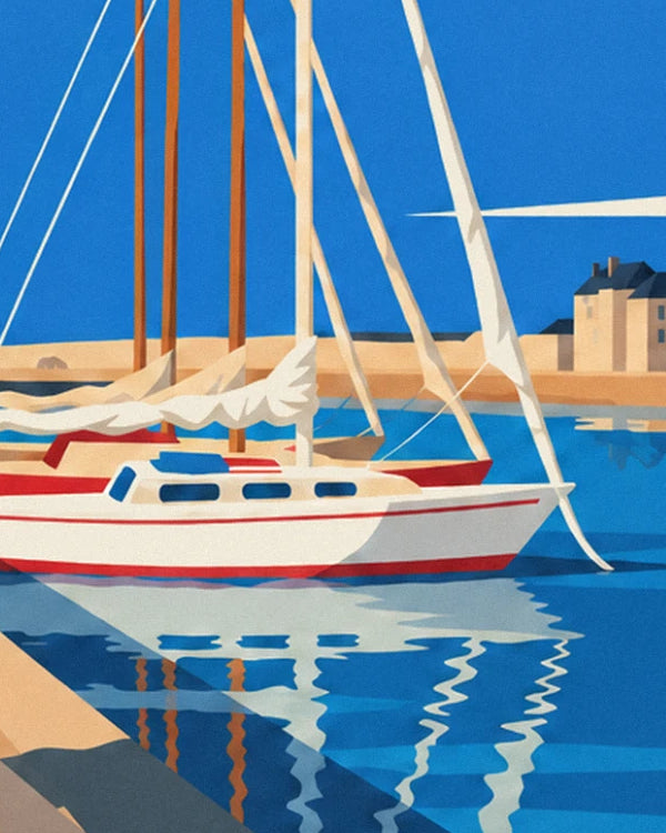 A white sailing boat with red trim moored in the harbour, its masts and reflection in the blue water