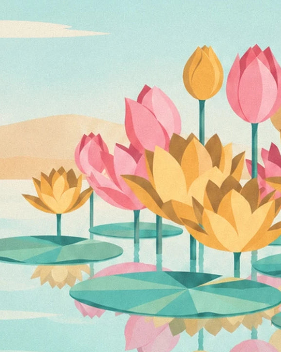 A cluster of pink and golden lotuses among broad green leaves on the water