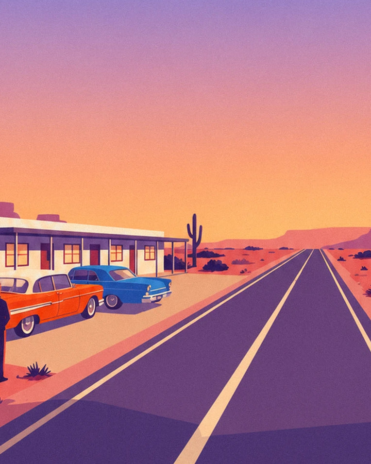Desert roadside motel neon sign poster: close-up detail