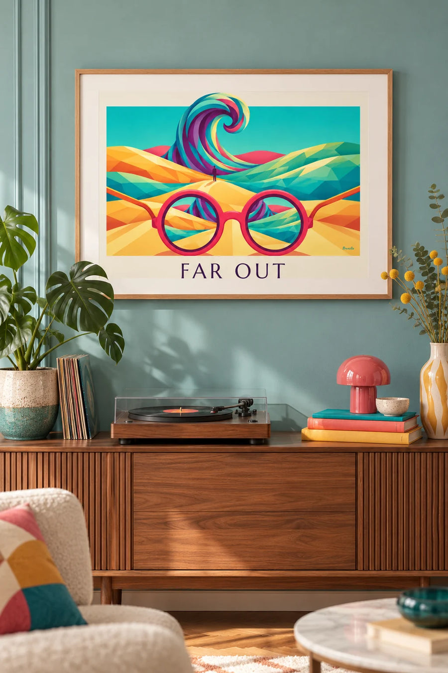 Affiche lunettes de soleil psychédéliques et paysage cosmique : encadrée au mur
