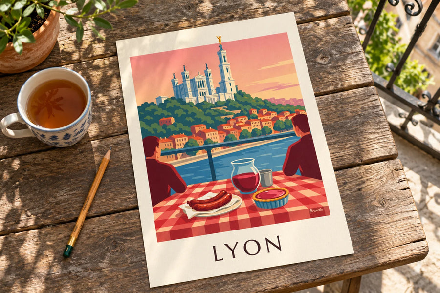 Affiche bouchon lyonnais face à la Saône et à Fourvière : posée sur une table