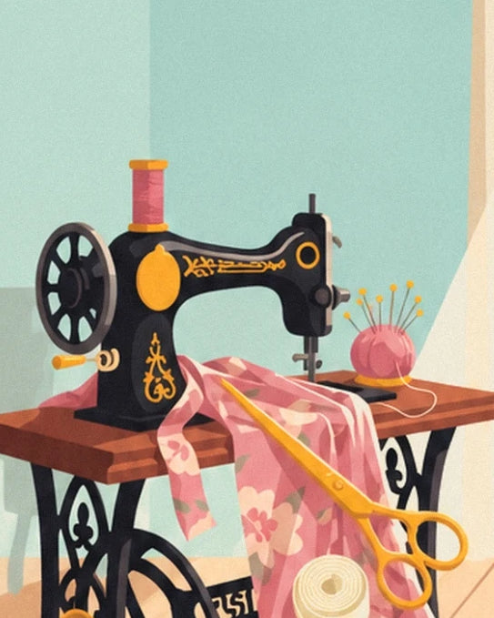 La machine à coudre noire aux ornements dorés, avec ses ciseaux et son tissu fleuri