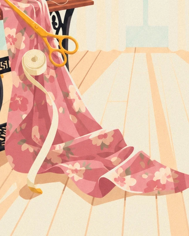 Le tissu rose fleuri déroulé sur le parquet, avec un mètre ruban et des ciseaux dorés