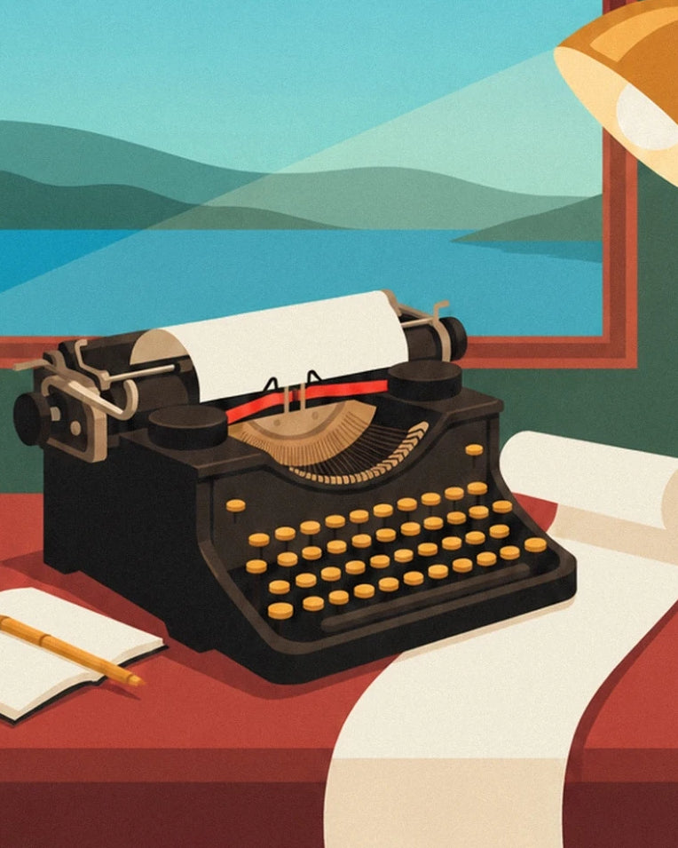 Black typewriter on a wooden desk poster: close-up detail