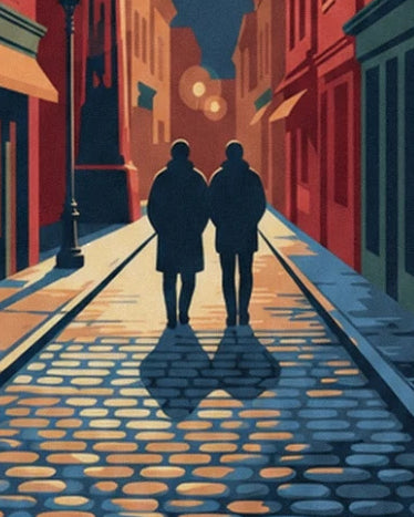 Les 2 silhouettes sombres et leurs longues ombres sur les pavés dorés de Gastown