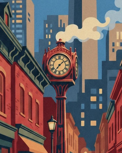 L’horloge rouge de Gastown et son panache de vapeur devant les immeubles